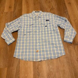 Columbia PFG Super Boneheaded Button Down Fishing Shirt Medium Blue Yellow Camp